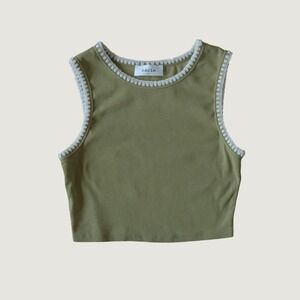 Bacio Tank Top Women Green Crochet Trim Ribbed Knit S Cottagecore Casual Boho